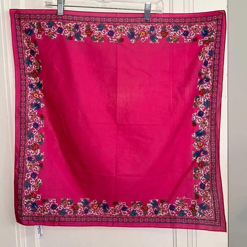 Vintage 1987 Ginnie Johansen bright pink cotton square scarf/ paisley border